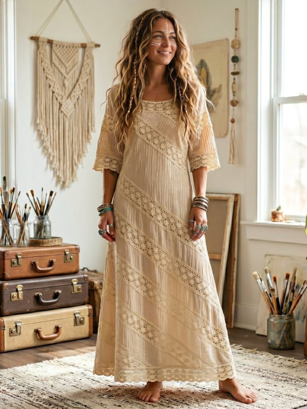 Vintage 1960s Bohemian, pink maxi dress with beige lace size small